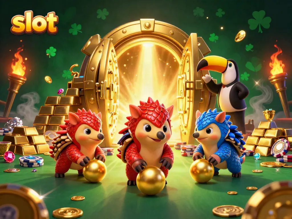 Sloti menyenangkan dengan pangolin bersaing menggulung bola emas di antara tumpukan chip poker.