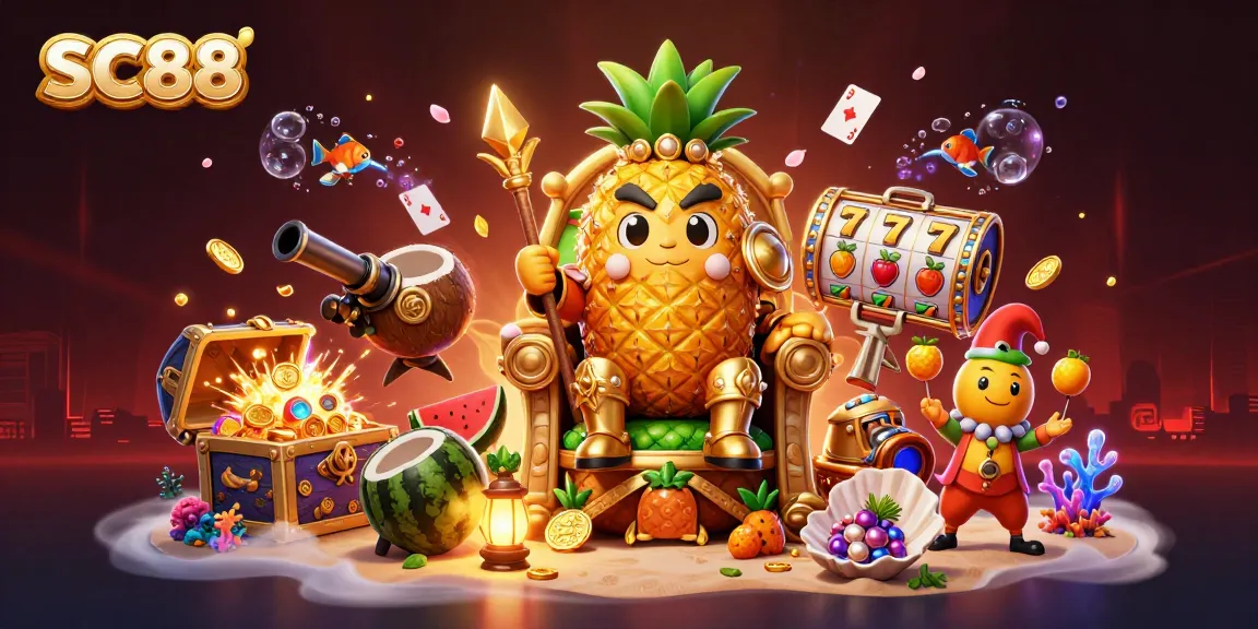 SC88 brings the casino to life with a lively scene featuring a pineapple king and vibrant elements.