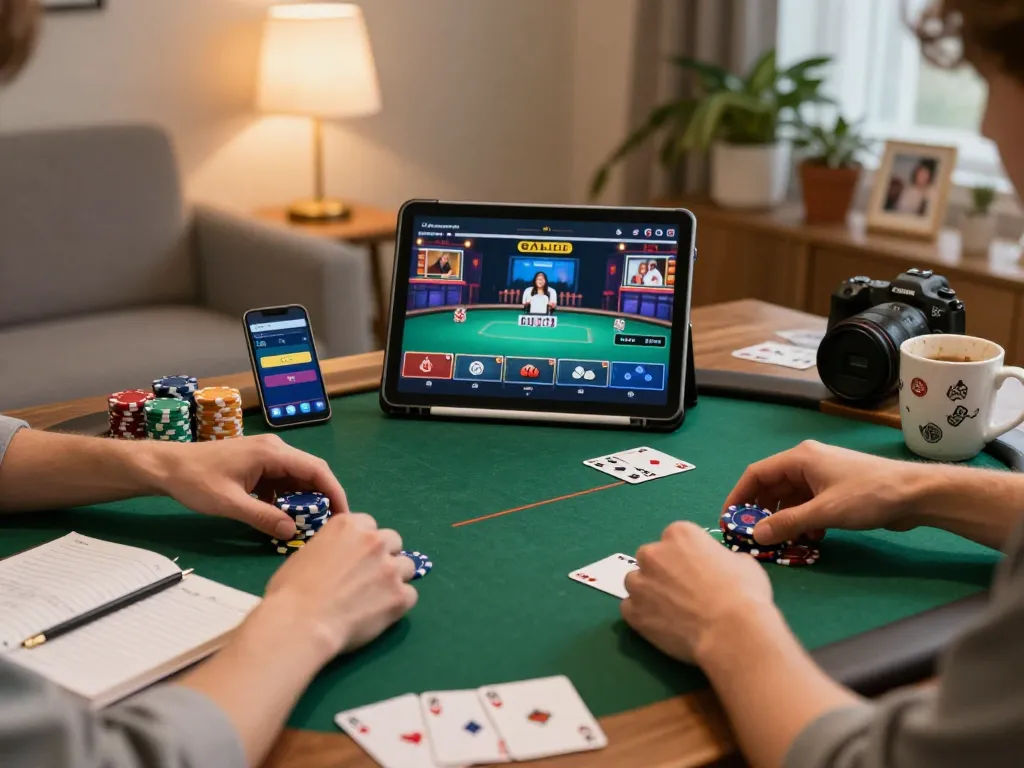 Engaging with XX88 during an online poker game in a cozy home atmosphere, illustrating strategic gameplay.
