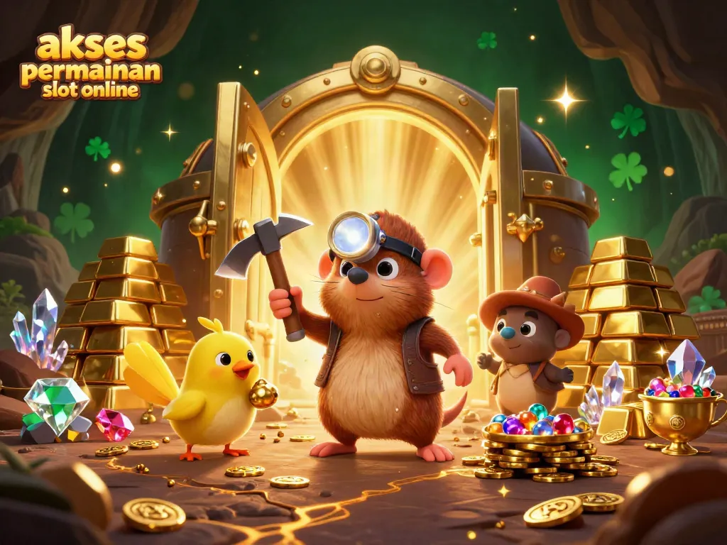 Akses permainan slot online mengungkap harta karun di gua yang gemerlap, menampilkan karakter dan elemen kasino yang kaya.
