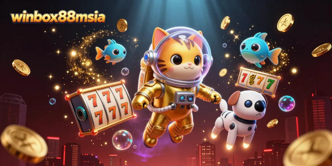 Engage players at winbox88msia with vibrant casino adventures featuring a cosmic cat, a robot dog, and floating slot elements.