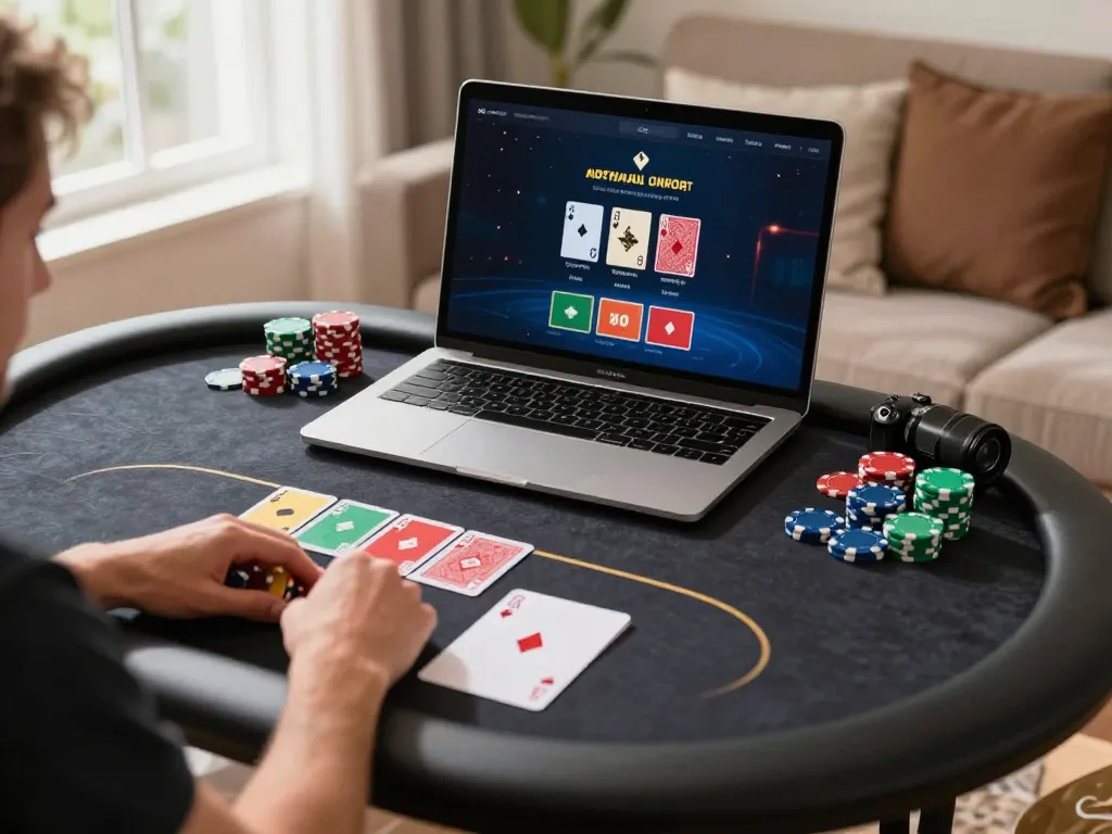 Engaged player strategizing poker gameplay with dh88 app on tablet and chips in front.