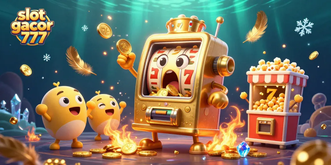 Experience slot gacor 777 action with a golden slot machine hitting a jackpot surrounded by festive elements.