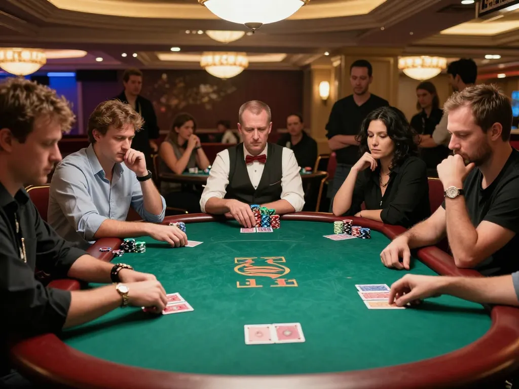 Players engaged in a strategic poker game at Luck88 casino table, showcasing excitement and competition.
