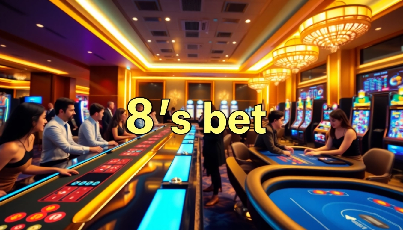 Exciting scene of 8s bet players engaged in online casino games, showcasing Baccarat and slot machines.