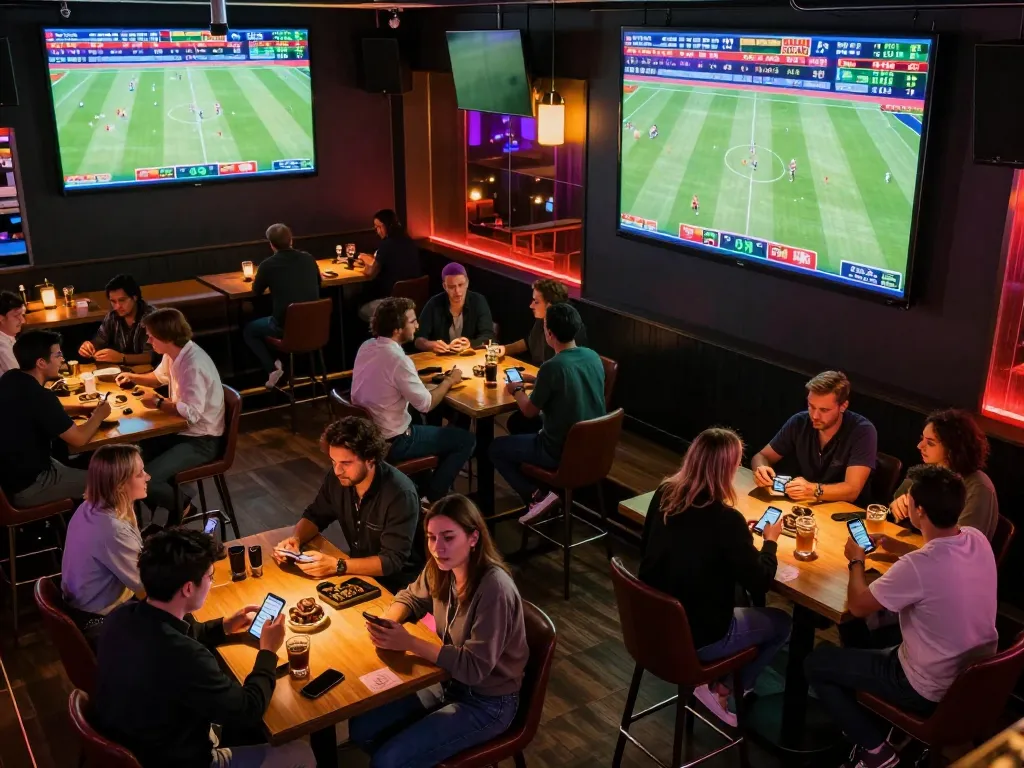 Kuwin sports betting enthusiasts engaging in live matches at a bustling venue