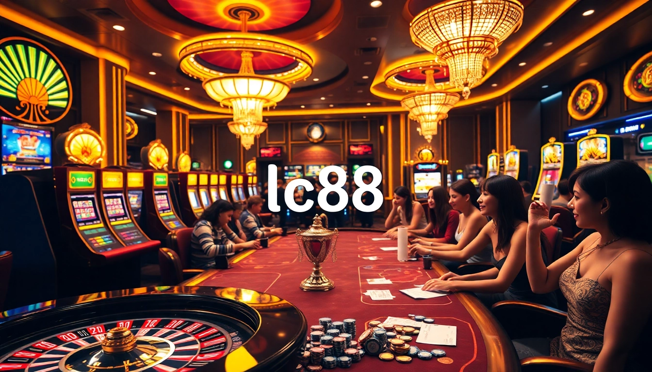 Excited players at the lc88 casino enjoying roulette and slots in a luxurious atmosphere.
