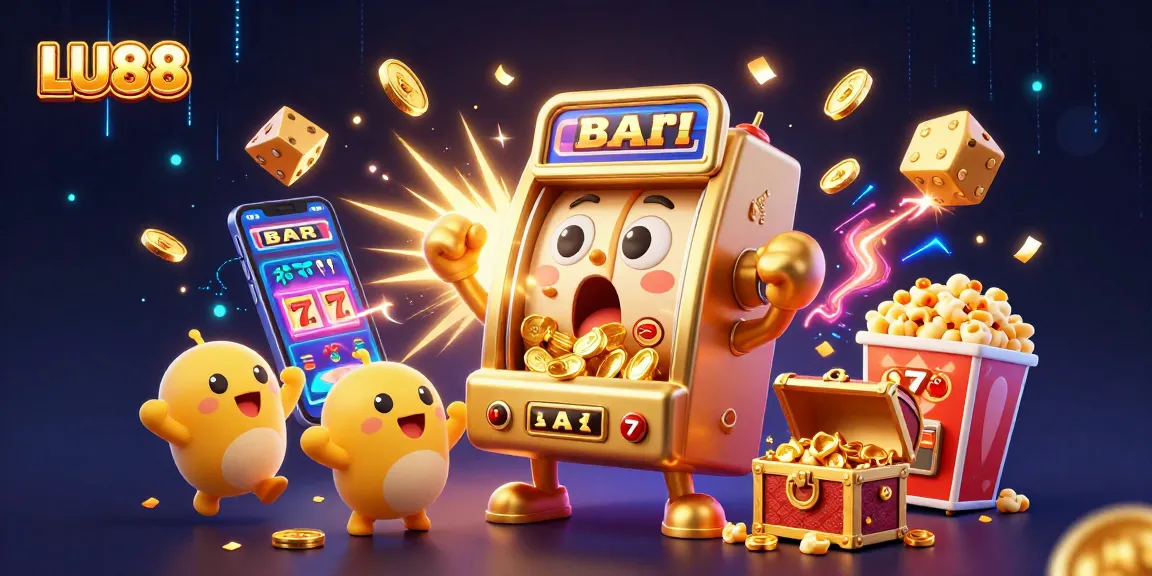 LU88 jackpot celebration featuring a golden slot machine pouring coins and cheering baby slot machines.