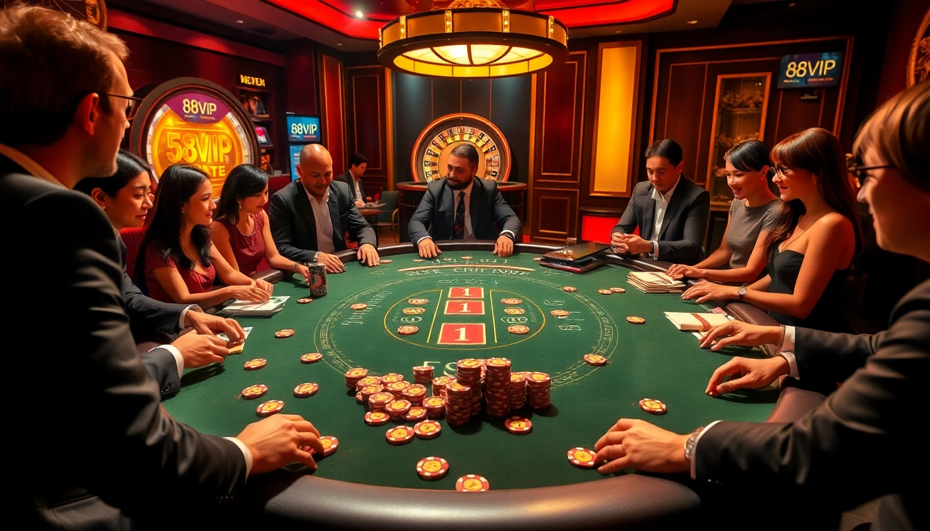 Experience the excitement of gambling at 68VIP with players enjoying blackjack at a luxurious table.