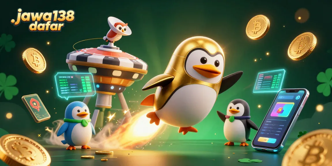 Ilustrasi 3D dengan karakter penguin emas dan tema kasino, menampilkan jawa138 daftar.