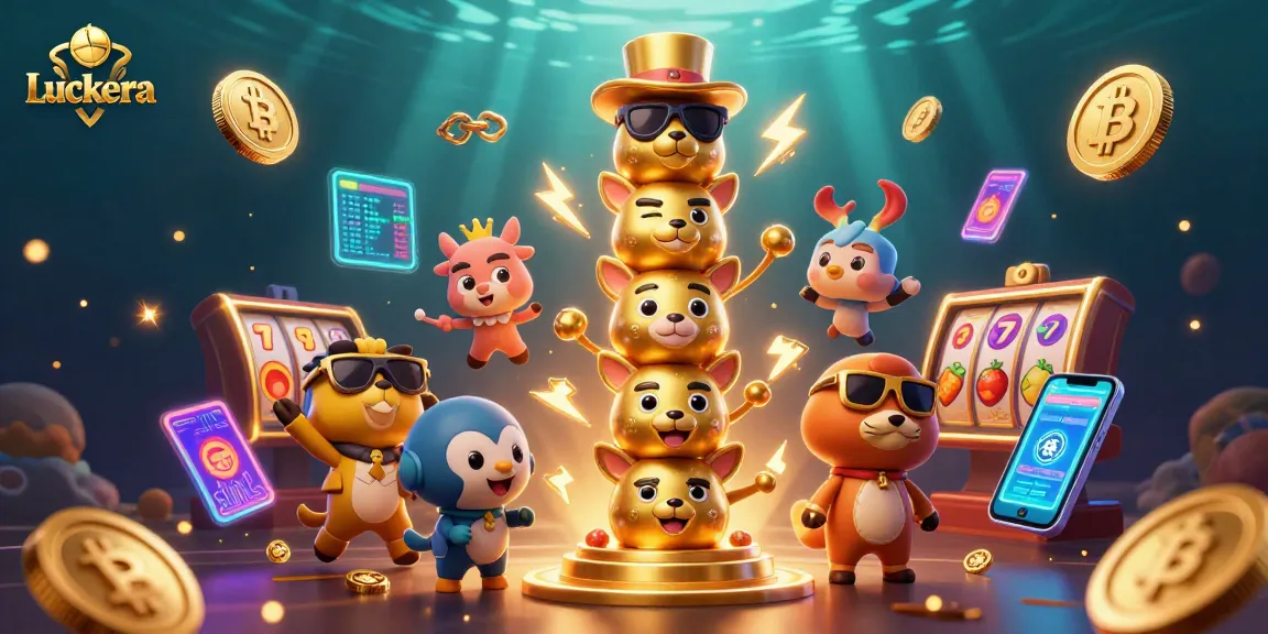 Experience Luckera's immersive casino world with vibrant slot symbols and lively 3D characters.