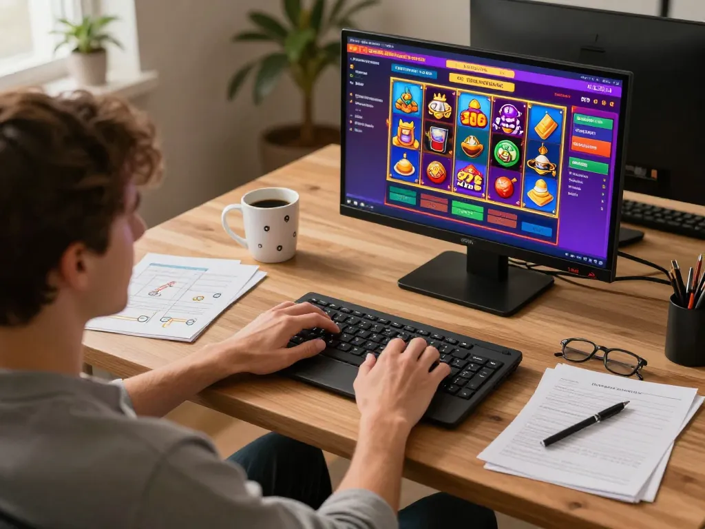 Engaging with Canadian online casinos at home, showing vibrant gaming setup and strategic planning