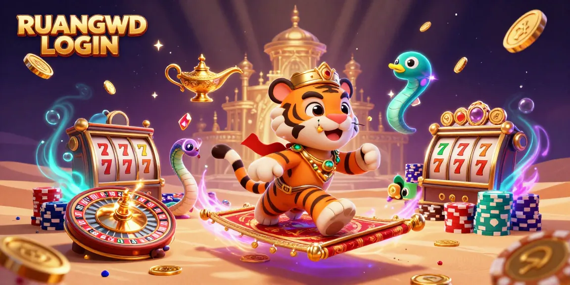Engage in thrilling action with RUANGWD LOGIN as vibrant casino elements abound in a magical Arabian scene.