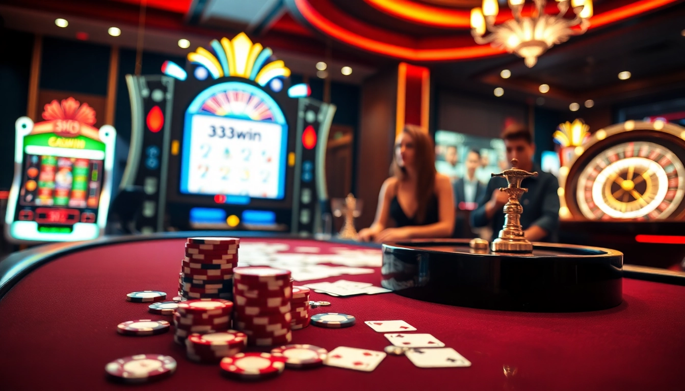 Exciting casino scene at 33win with poker chips, roulette wheel, and gamblers enjoying games.