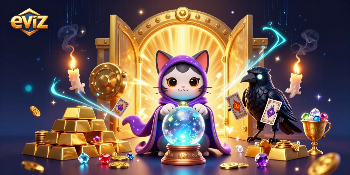 Engage in exciting gameplay at eviz with a mystical 3D scene featuring a fortune teller and glittering treasures.