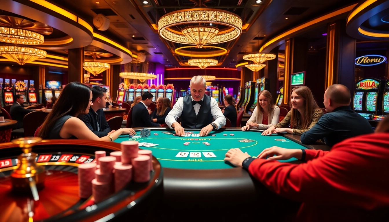 Experience thrilling gambling at https://f8bet.me.uk/ with a vibrant casino scene showcasing poker tables and roulette wheels.