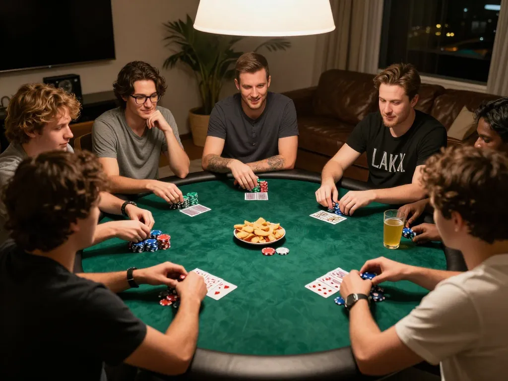 Players strategizing in a friendly home poker game, showcasing 789F casino experience.