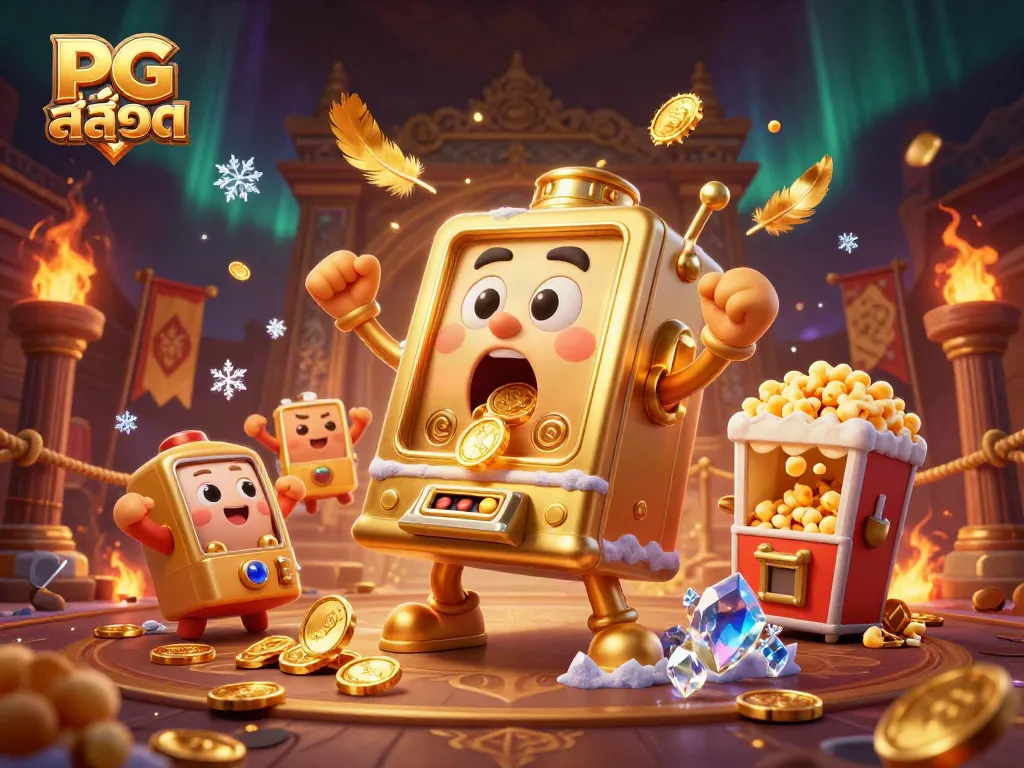 Witness PG สล็อต action with a golden slot machine hitting a jackpot, coins pouring out amidst cheering mini machines.