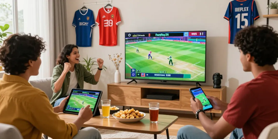 Group enjoying cricket betting on Fairplay24 in a lively living room.