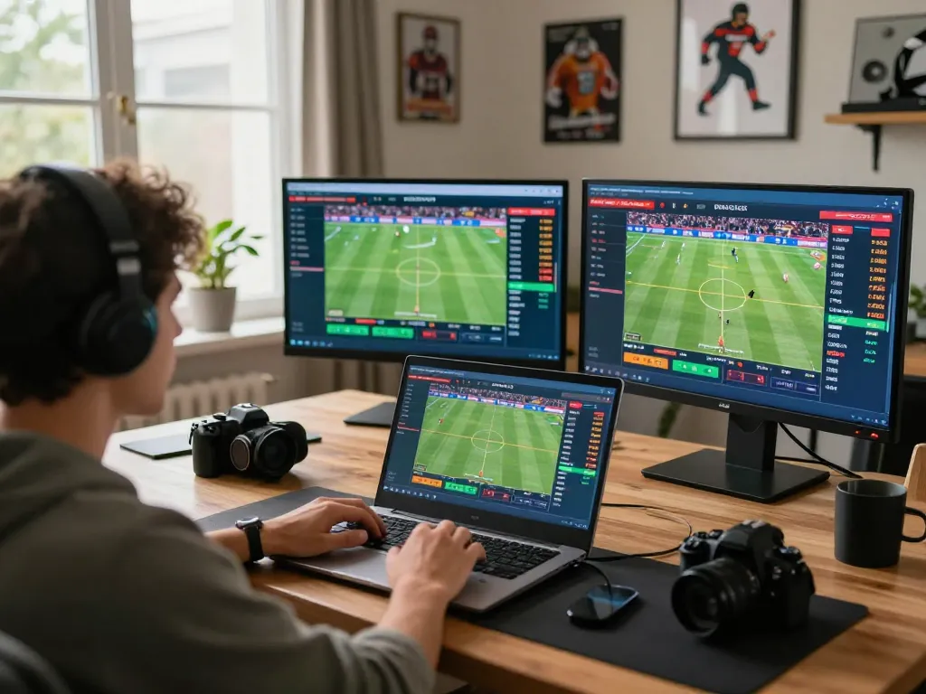 Engaging in online sports betting at https://goal123.ac/ from a modern home with a laptop displaying live events.