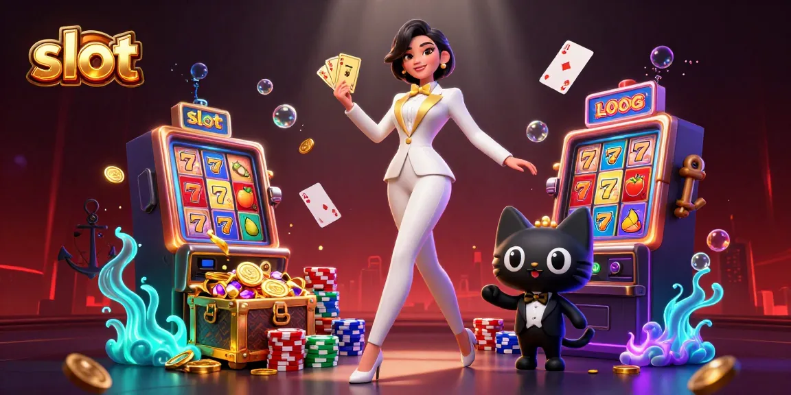 Experience the thrill of slot games with shuffling cards and vibrant casino elements.