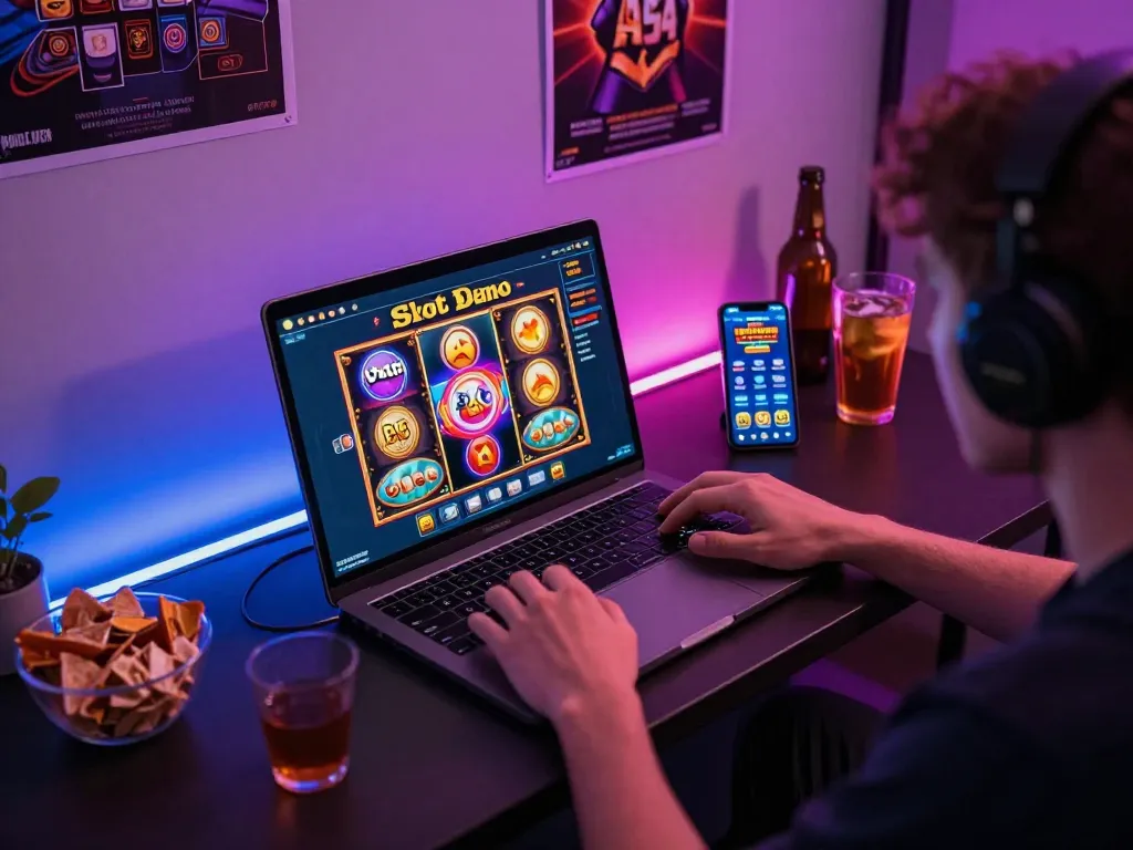 Menampilkan Slot Demo PG Soft di laptop dengan pengaturan permainan berwarna-warni, menunjukkan visual yang cerah dan suasana santai.