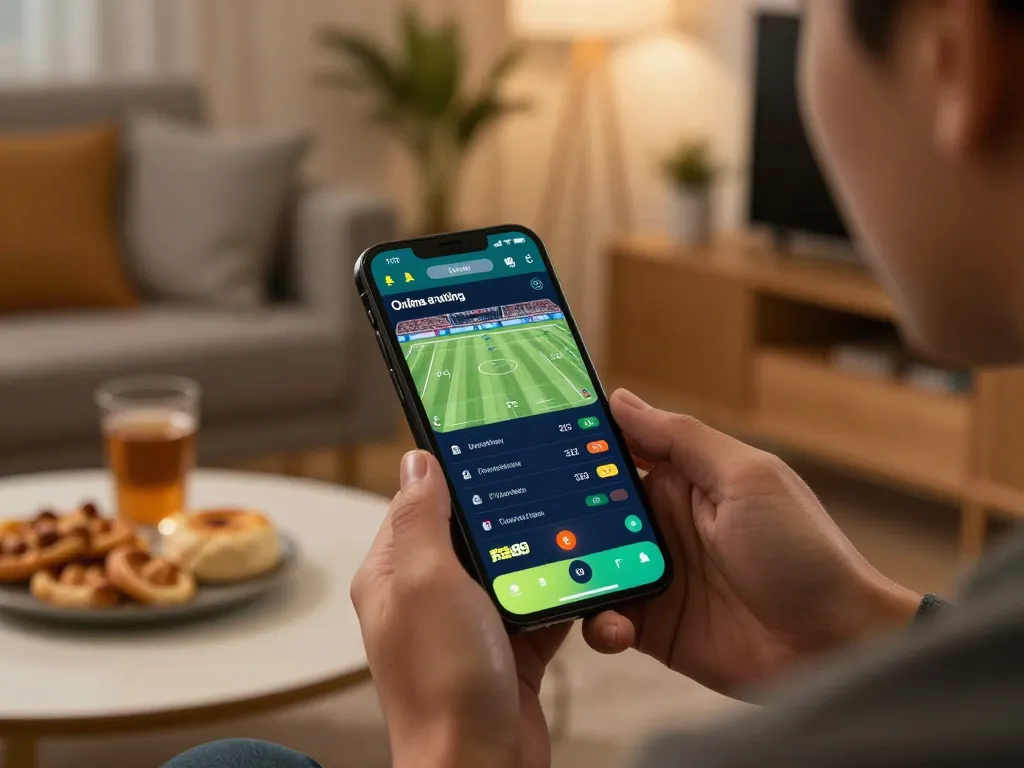 Engaging scene of a user placing bets on Fun88 mobile app in a cozy home environment