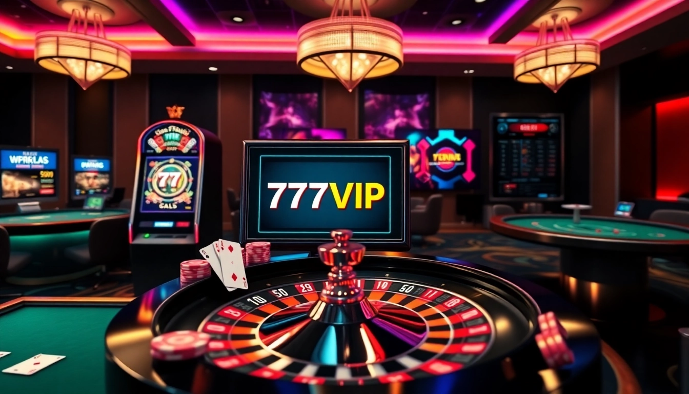 Excited players at a vibrant 777vip online casino interface with modern slot machines and gaming tables.