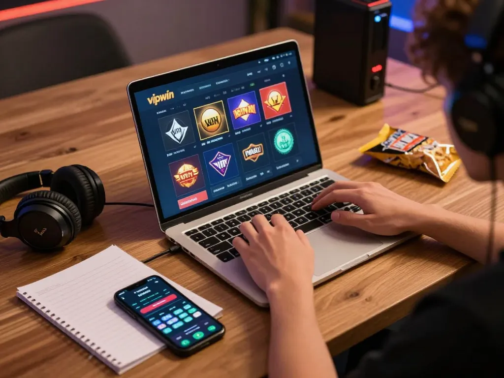Player engaging with the vipwin online casino on a laptop, showcasing a dynamic gaming experience.