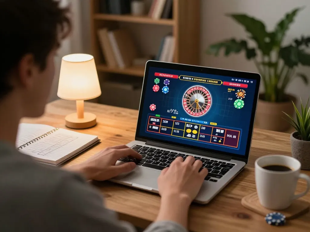 Engaging online gaming at home with go8, showing vibrant roulette interface and strategy notes.