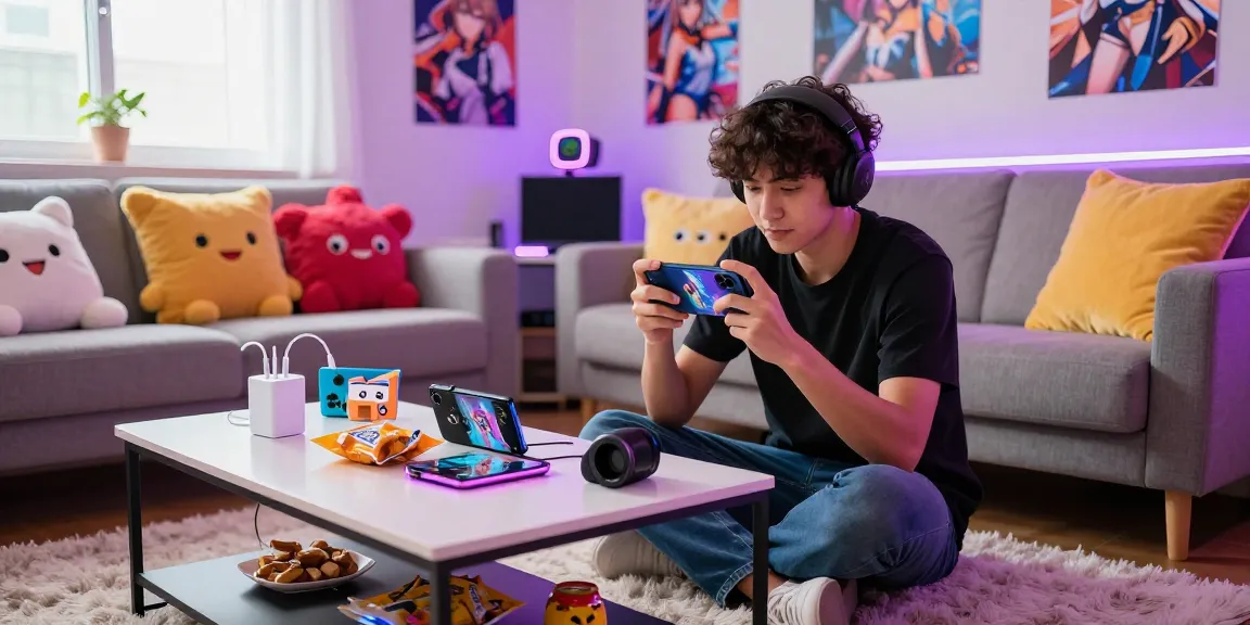 Immerse yourself in mobile hentai games while enjoying a cozy gaming setup filled with vibrant decor.