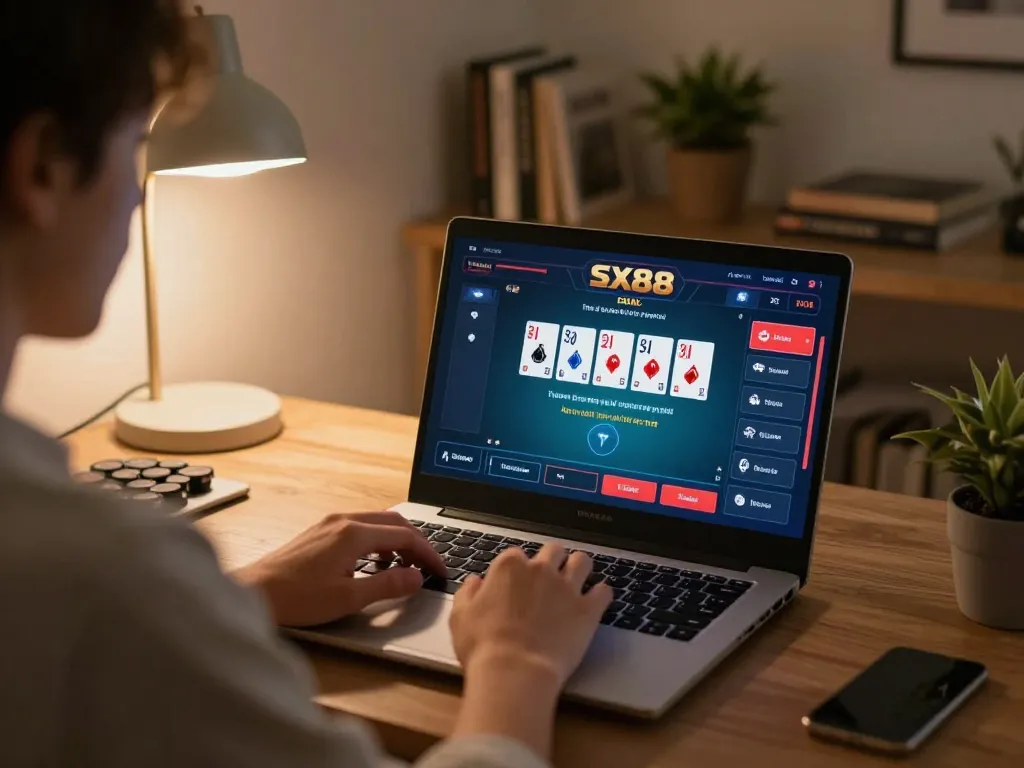 Engaged player enjoying sx88 online casino action on laptop in cozy home setup.