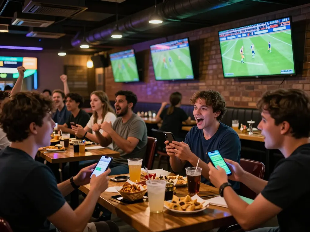 Excited fans engaging in trực tiếp bóng đá hôm nay at a modern sports bar while using betting apps.