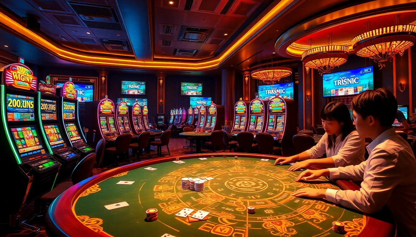 Experience the thrill of gambling at Bro138, where slot machines and players celebrate wins in a luxurious setting.