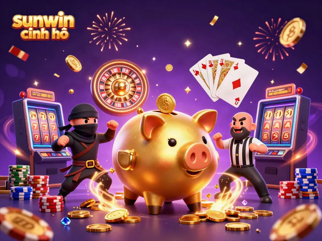 Experience thrilling gameplay with sunwin chính chủ as a golden piggy bank sumo wrestler celebrates in a vibrant casino scene.