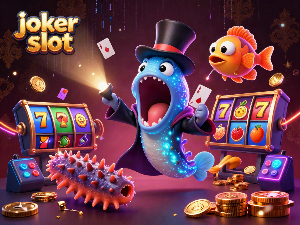 Engage with joker slot excitement as a bioluminescent eel performs magical card tricks at a vibrant casino.