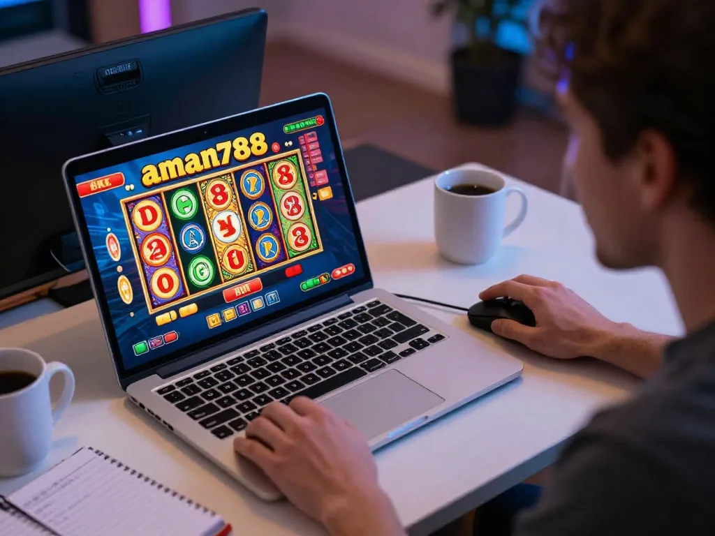 Engaged player enjoying aman788 slot online at home, vibrant slot reels on laptop, responsible gaming environment