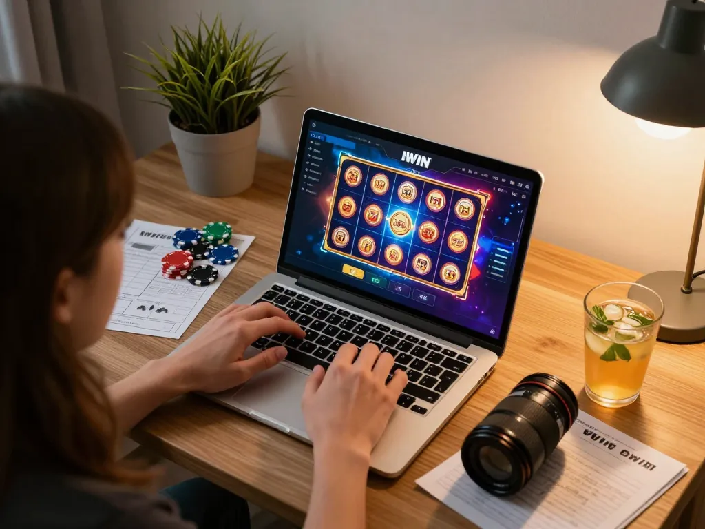 Player engaged with IWIN online gaming platform on laptop, surrounded by strategy notes and poker chips.