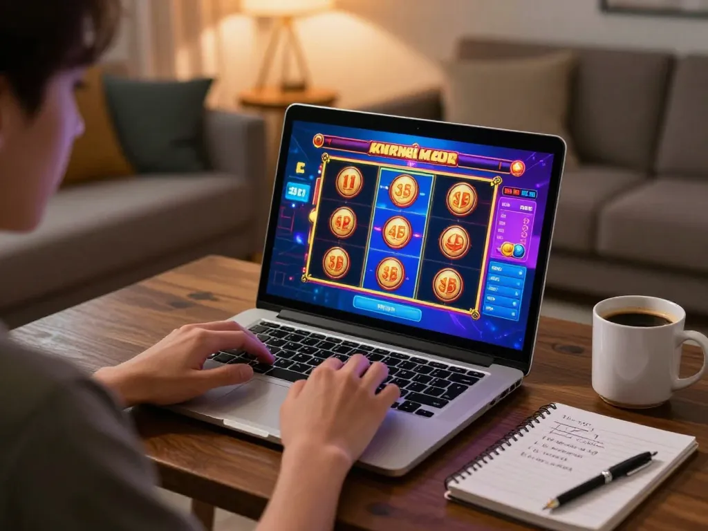 Engaging in an exciting slot online game from a cozy home setup with a laptop and strategy notes