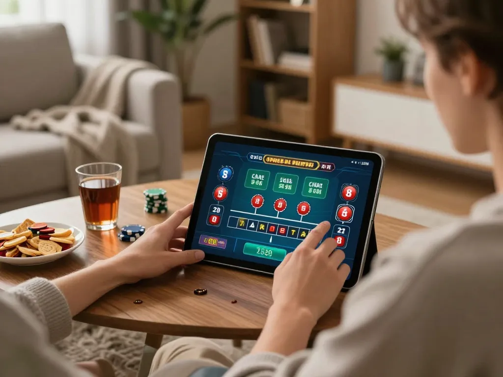 Betting on cm 88 platform with tablet at cozy home setup during live dealer game