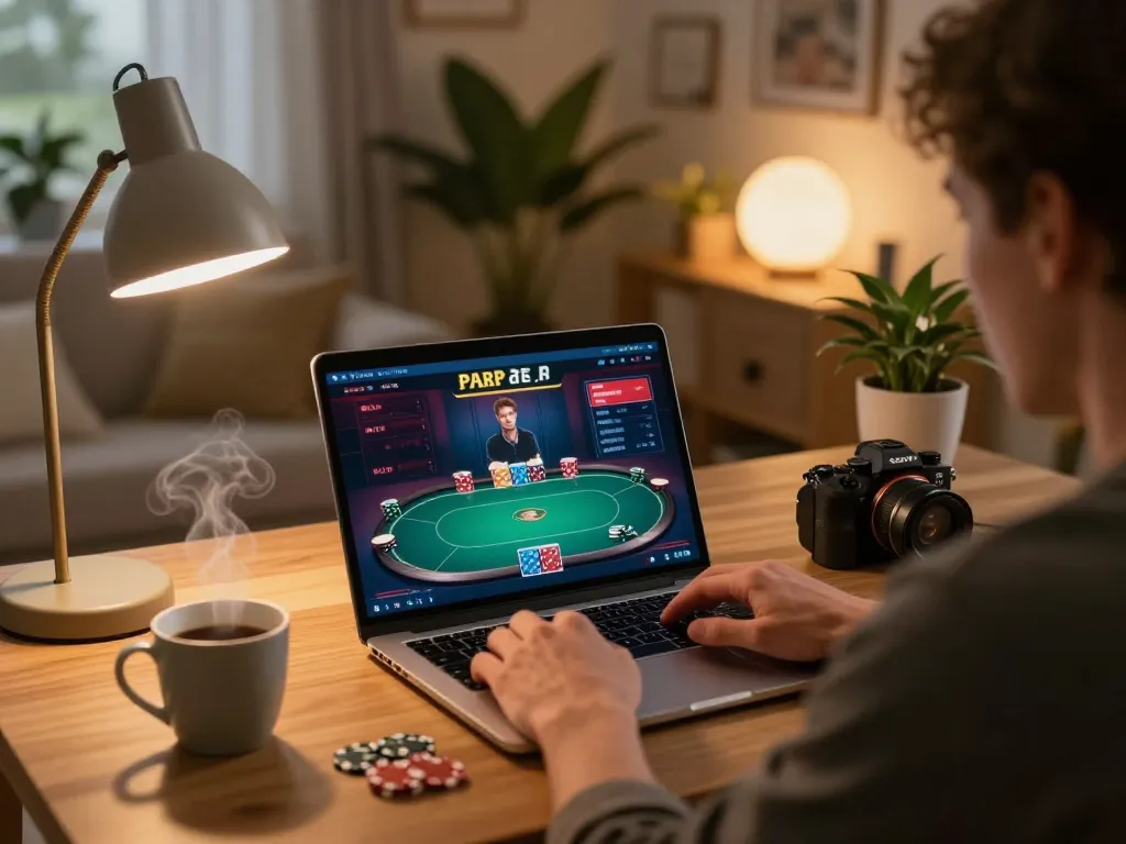 Engaged in fun88 online poker gameplay on a laptop, showcasing a cozy and modern gambling setup.