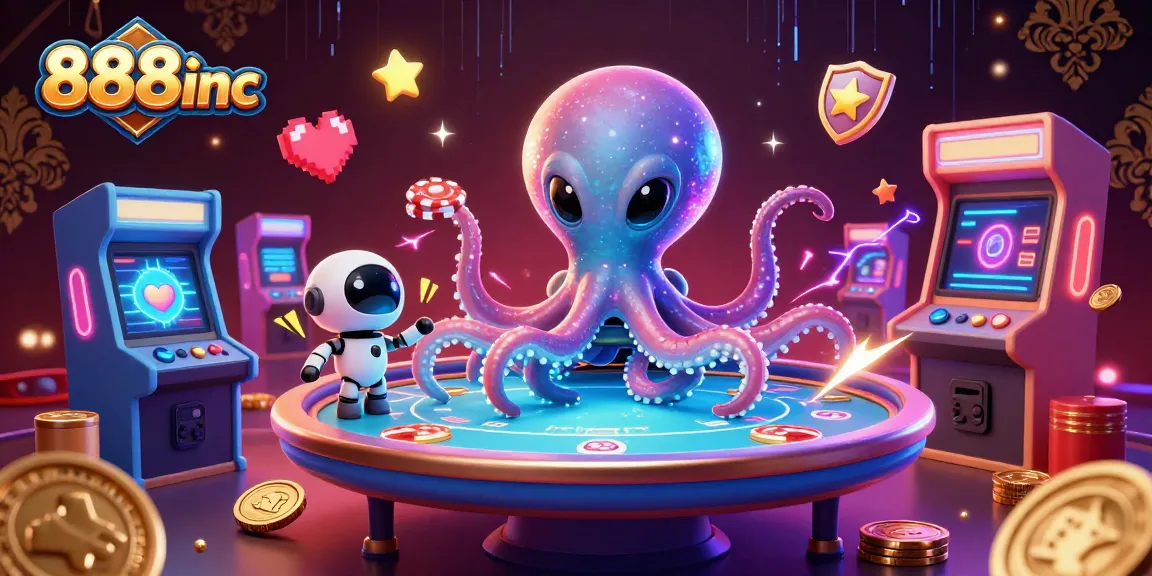 Enjoy interactive gaming fun with 888inc’s vibrant 3D alien casino scene, featuring poker tables and colorful arcade elements.