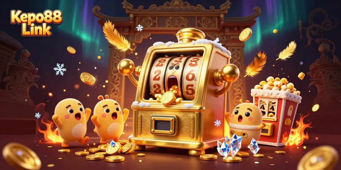Spin the jackpot with Kepo88 Link – a vibrant illustration featuring animated slot machines and gold coins.