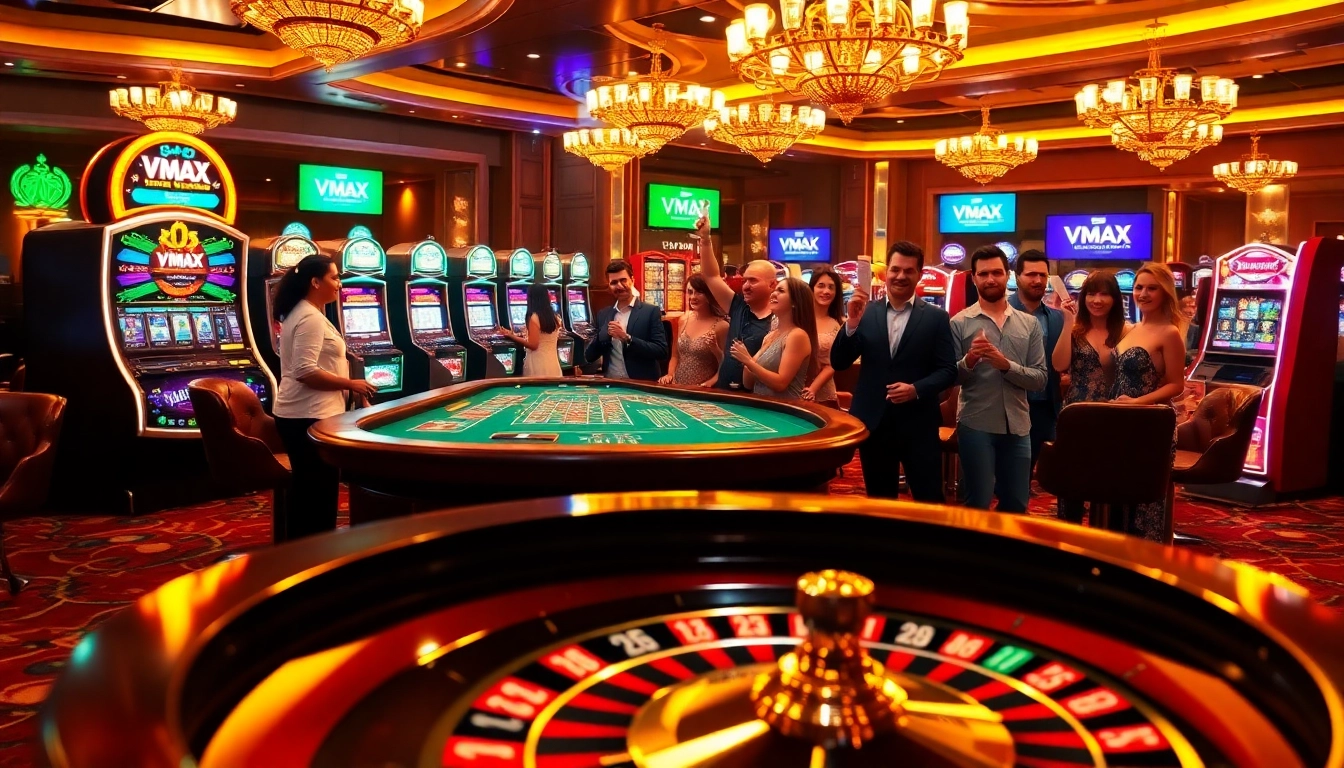 Players enjoying high-stakes moments in a glamorous casino atmosphere at https://vmaxso.uk/, featuring roulette and poker.