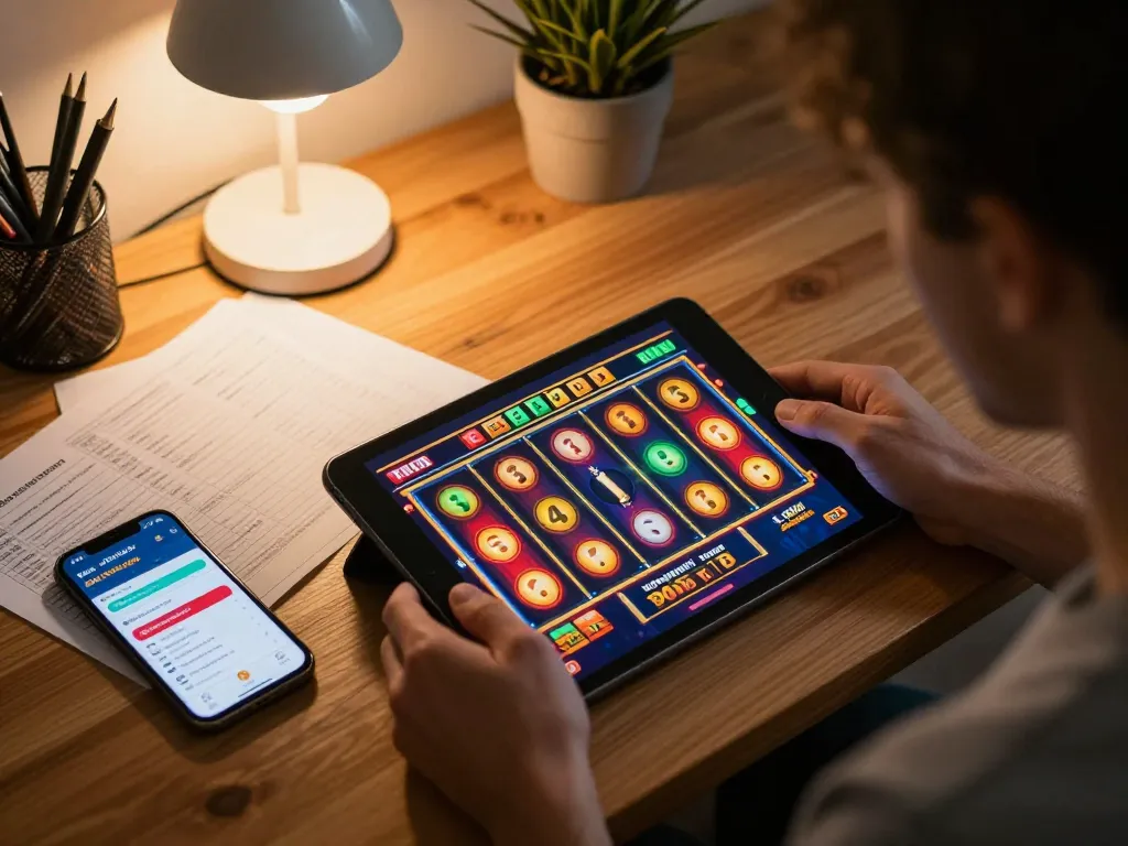 LIGA2000 gameplay showcased on tablet, featuring colorful slot machine reels and engaging user interface in a cozy home setting.