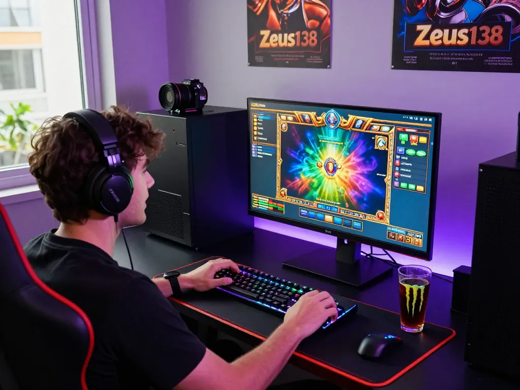 Player engaging with Zeus138 online slots in modern gaming setup, showcasing excitement and immersive experience.