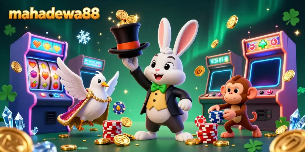 Experience exciting gambling at mahadewa88 with colorful neon elements and engaging characters in a casino scene.