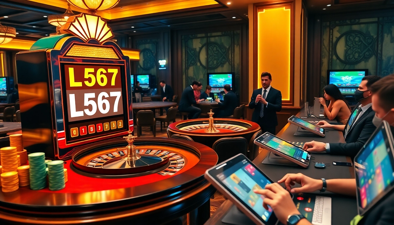 L567 casino scene showcasing a luxurious slot machine with vibrant poker chips.