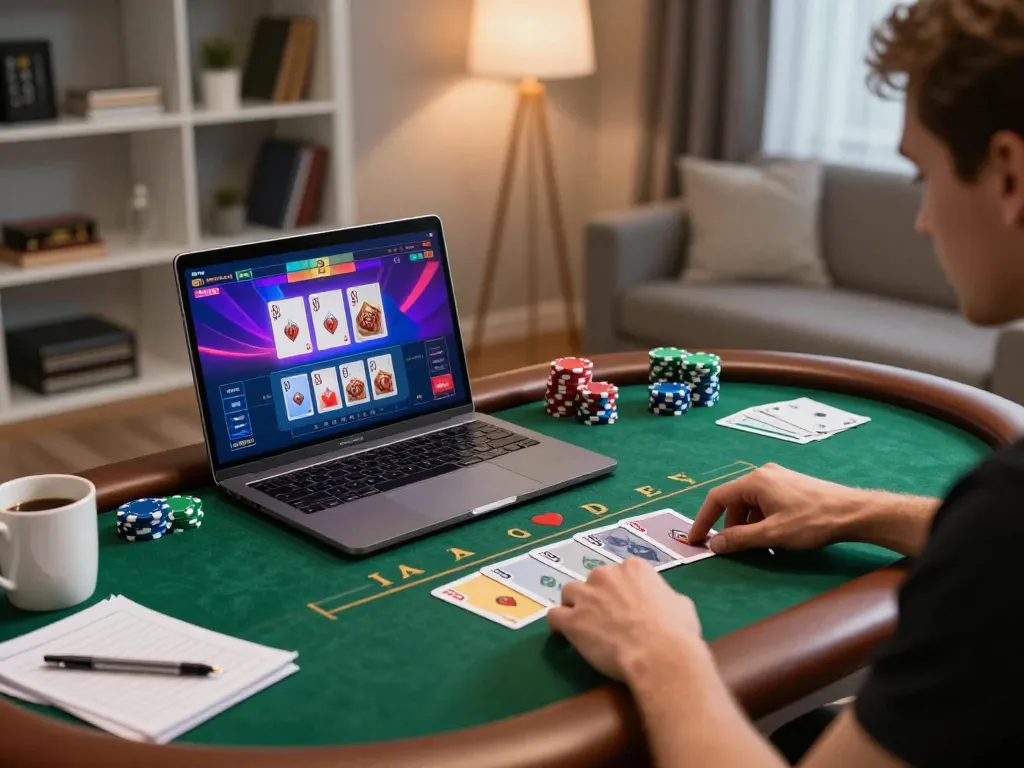 Engaged player enjoying cm 88 poker game at home with laptop and cozy setup.