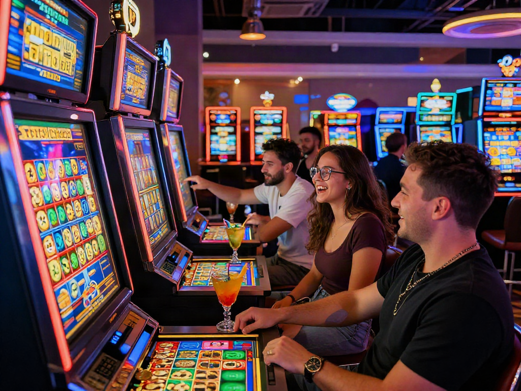Friends enjoying the excitement of playing toto slot machines in a lively casino atmosphere.